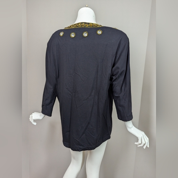 Vintage 90s Black Embellished Top Gold Beaded Sequin Statement Shirt - Picture 7 of 9